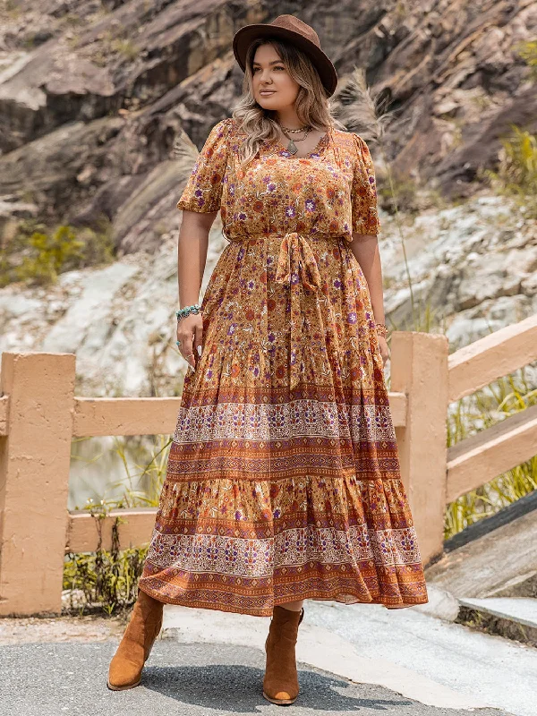 Price Fest Plus Size Tie Waist Puff Sleeve Dress