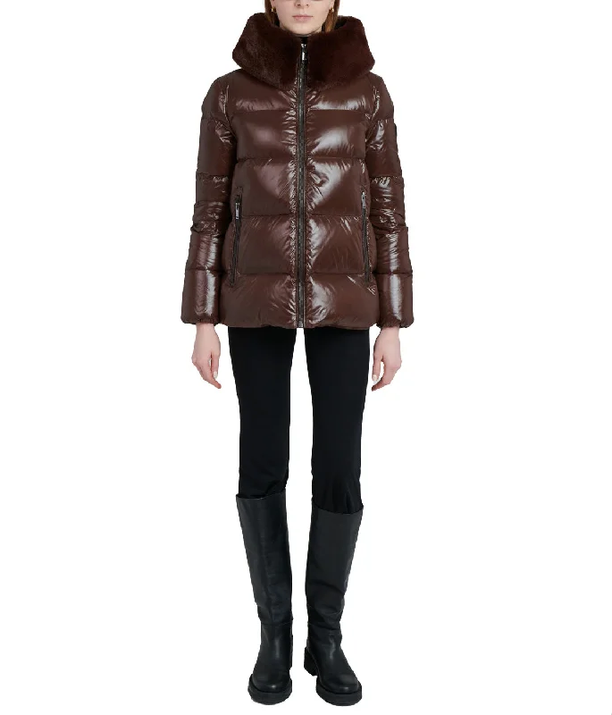 Early Access Esko 27.5" Recycled Shiny Nylon Hood Anorak With Faux Fur Trim Dark Coffee