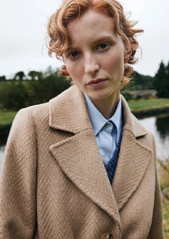 Warehouse Sale Camel Herringbone Erin Cashmere Blend Belted Coat