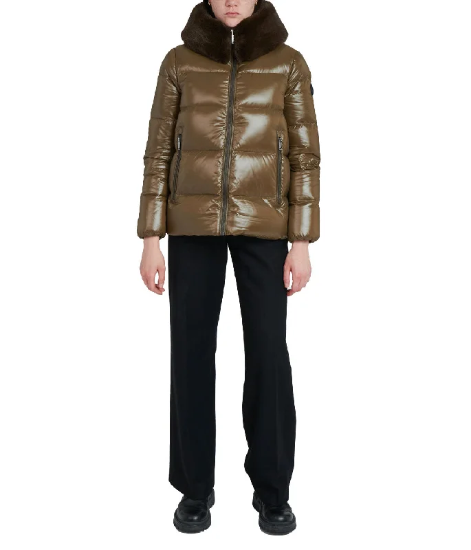 Special Savings Lexi 44.5" Recycled Shiny Nylon Zip Front Maxi Coat With Recycled Faux Fur Trim Hood Olive