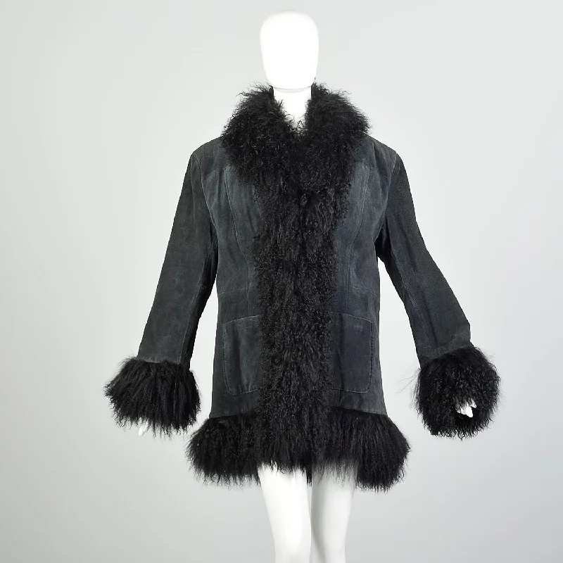 Buy More, Save More XL 1990s Fur Trimmed Winter Jacket Mongolian Lamb Black Suede Leather Car Coat