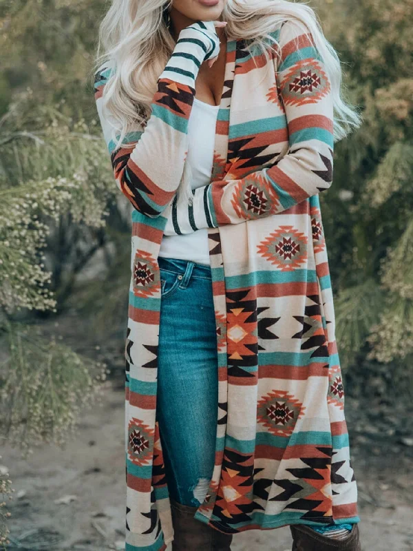 One-DAY Sale Women's Sweater Multicolor Geometric Color Block Open Front Long Cardigan