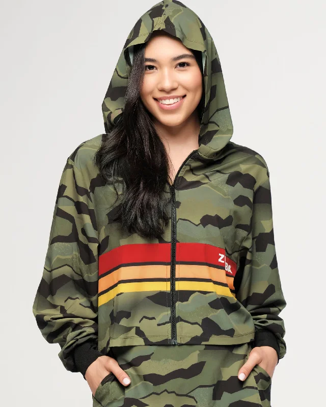Final Sale Zumba Explore Crop Woven Zip-Up Hoodie - Olive Expedition