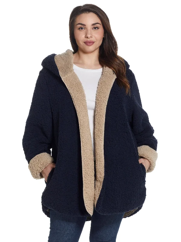 Online Only Plus Size Ladies Hooded Sherpa Fleece Reversible Jacket