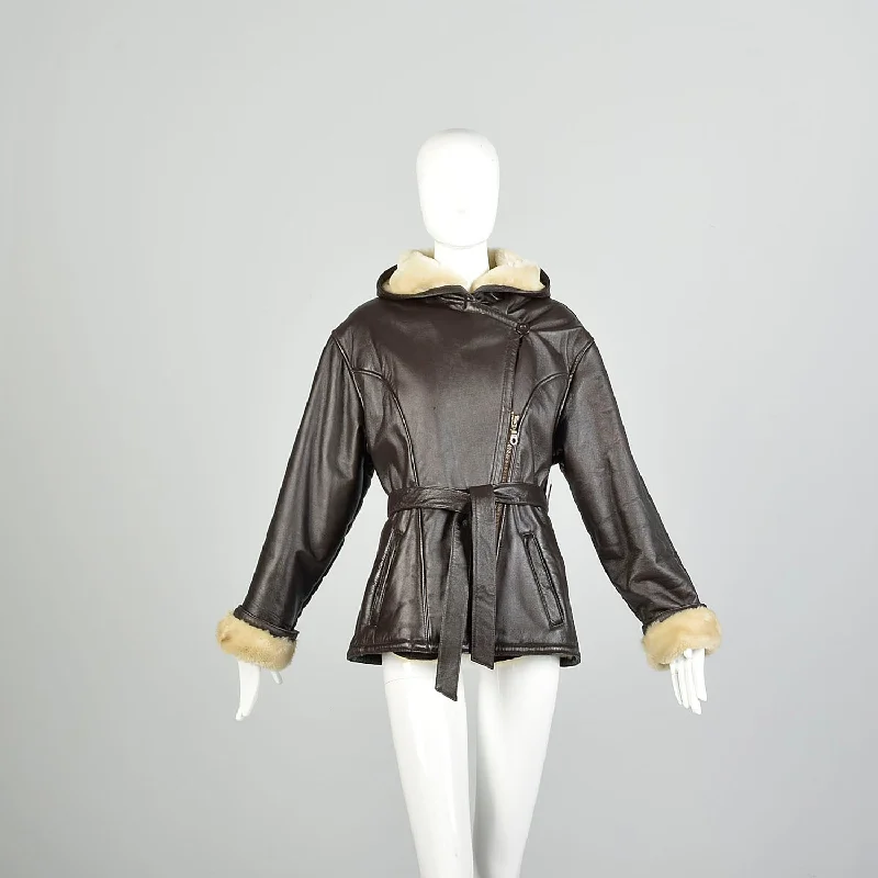 Epic Deals Small 2000s Beige Faux Shearling Lined Brown Leather Jacket Hooded Zip Front Biker Coat Epic Deals Small 2000s Beige Faux Shearling Lined Brown Leather Jacket Hooded Zip Front Biker Coat