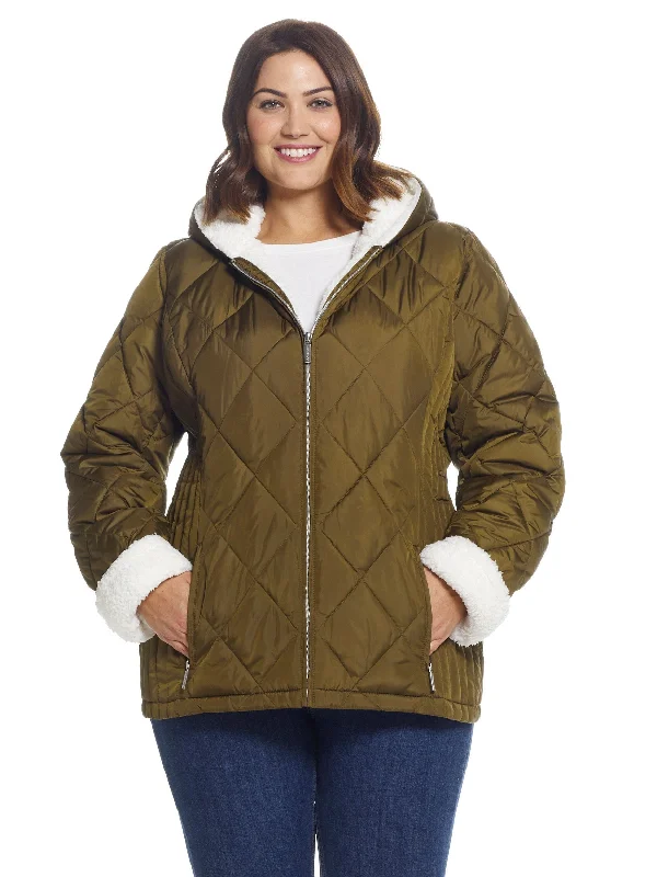 Steals and Deals Plus Size Sherpa Lined Hooded Quilted Jacket