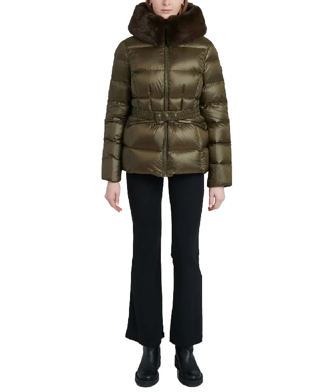 Special Buy Lux 25" Shiny Nylon Zip Front Hooded Cropped Parka Olive