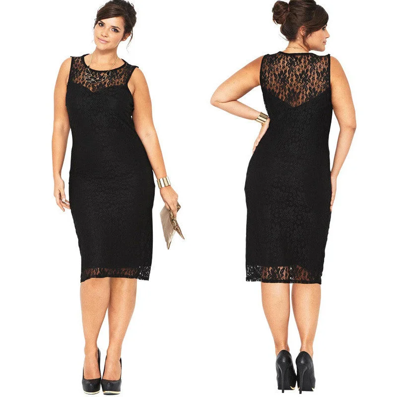 The Best Prices Plus Size Black Lace Sleeveless Scoop Knee-Length Dress