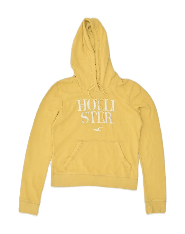 Final Sale HOLLISTER Womens Loose Fit Graphic Hoodie Jumper UK 6 XS Yellow Cotton