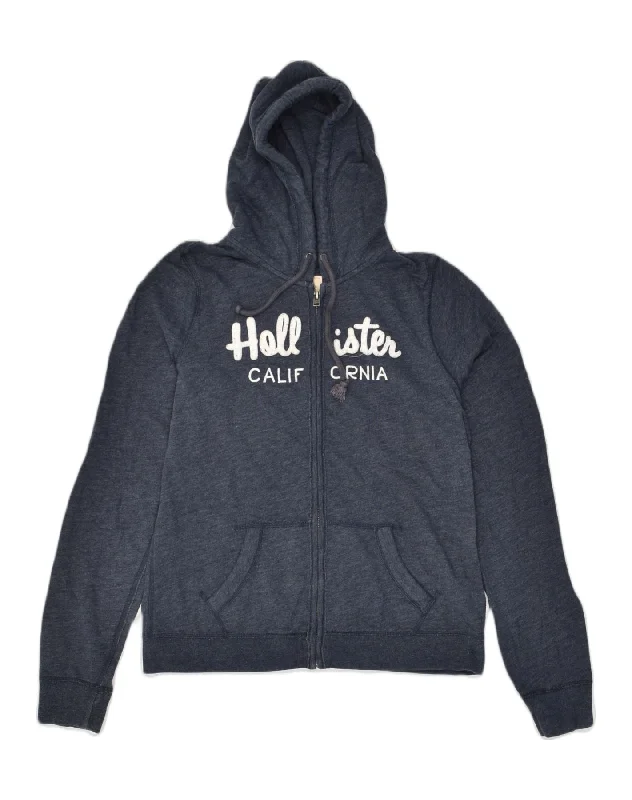 Midnight Madness HOLLISTER Womens Graphic Zip Hoodie Sweater UK 14 Large Navy Blue Cotton
