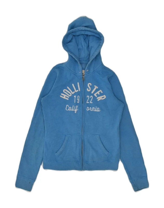 Quick Sale HOLLISTER Womens Graphic Zip Hoodie Sweater UK 10 Small Blue Cotton
