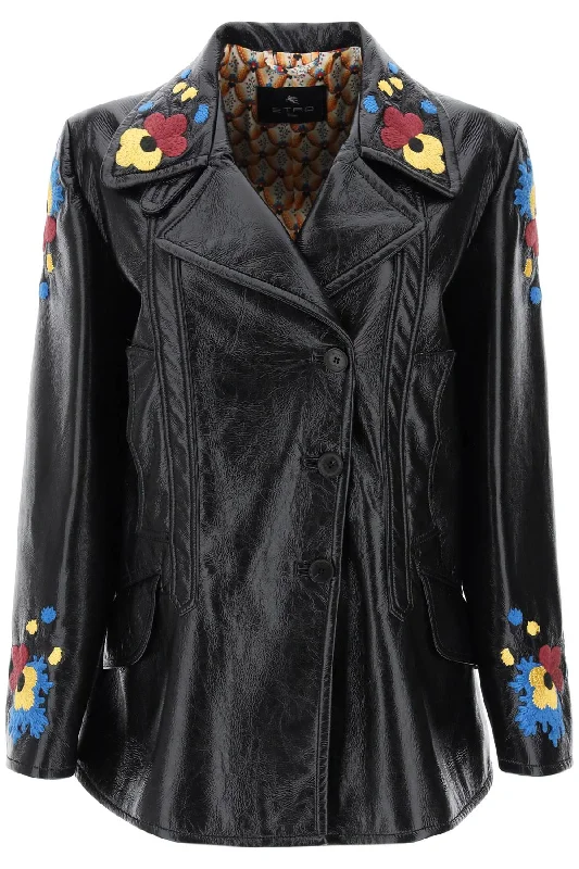 Get It Before It’s Gone Jacket In Patent Faux Leather With Floral Embroideries  - Nero