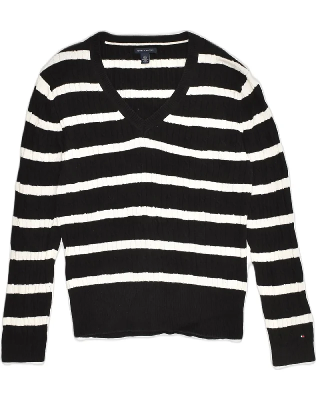 Markdowns TOMMY HILFIGER Womens V-Neck Jumper Sweater UK 14 Large Black Striped