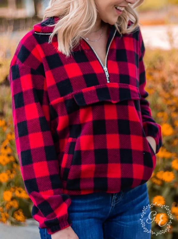 Epic Deals Southern Grace Checker Me Out Pullover With Pockets, Red Plaid
