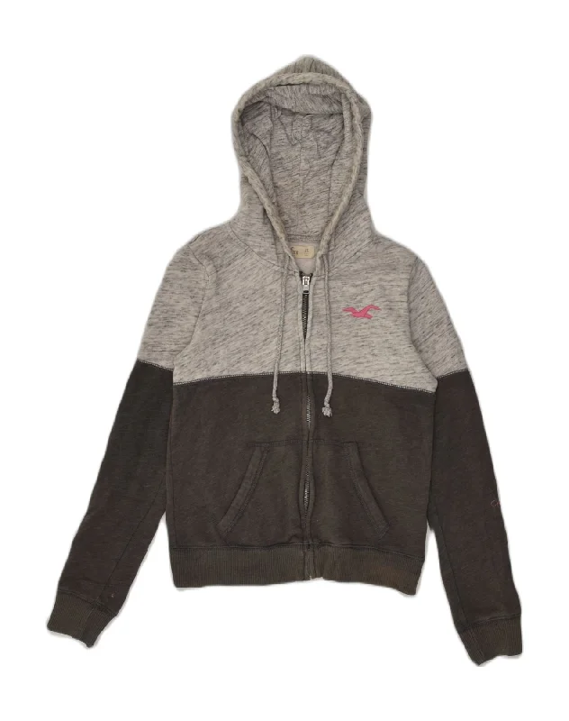 Stock Clearance HOLLISTER Womens Zip Hoodie Sweater UK 6 XS Grey Colourblock Cotton