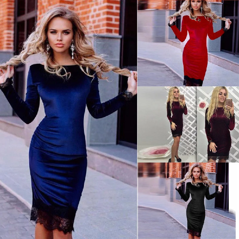 Savings Spectacular Sexy Fashion Velevet Lace Long Sleeve Bodycon Knee-Length Dress