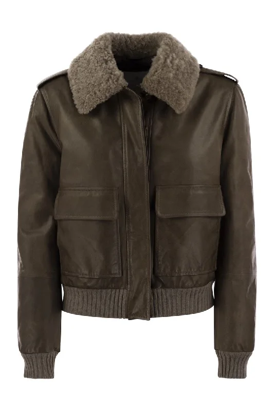 Online Only Leather bomber jacket and shearling collar