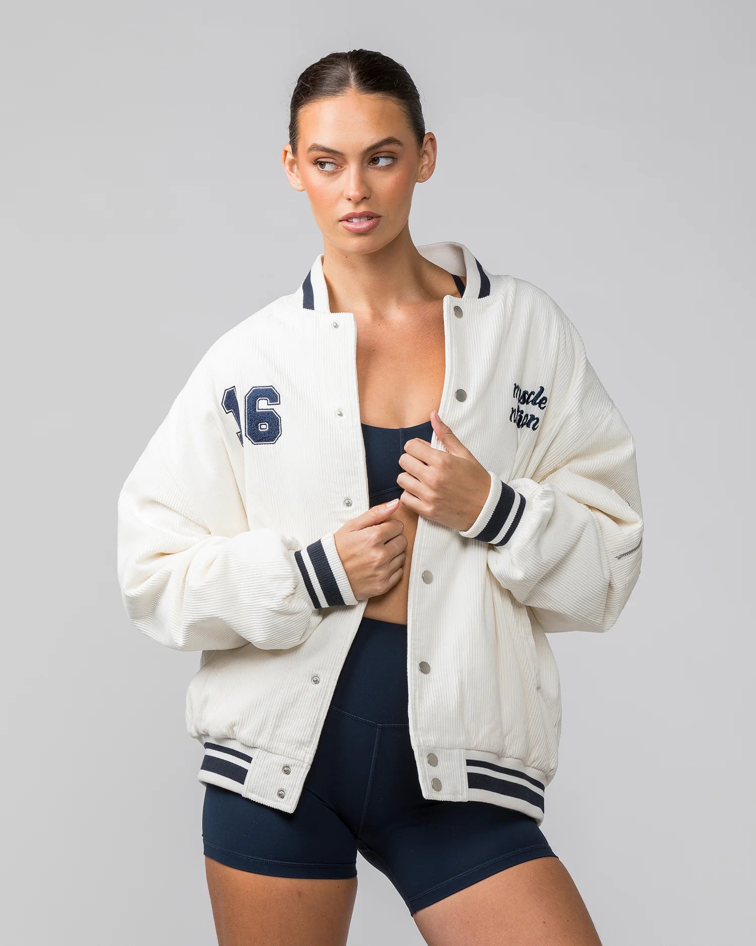 Super Deal Muscle Nation | Retro Cord Bomber Jacket - Travertine