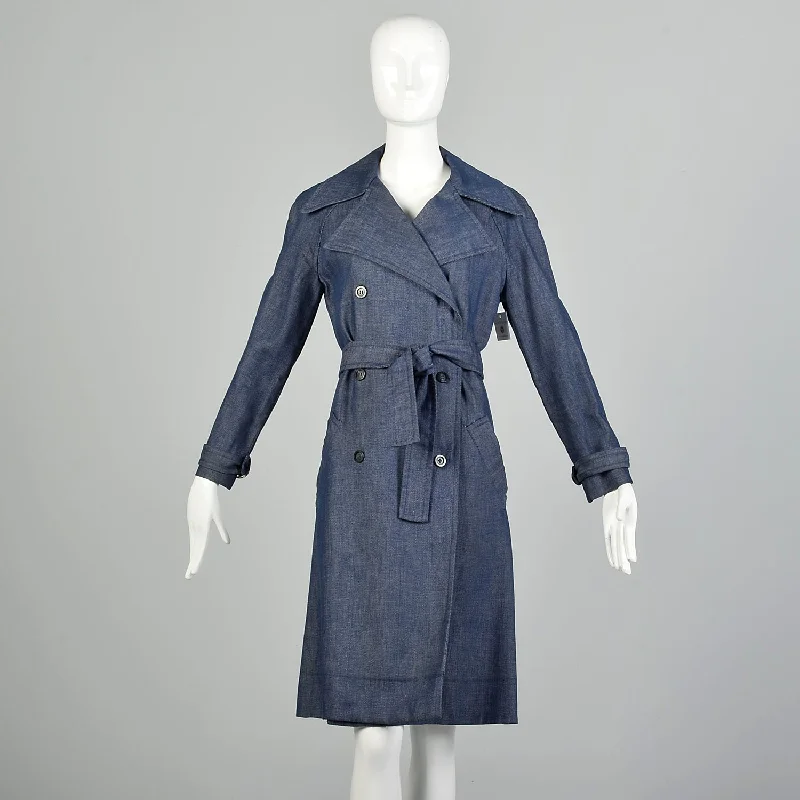 Special Savings Small 1970s Denim Trench Coat  Double Breasted Knee Length Jean Jacket