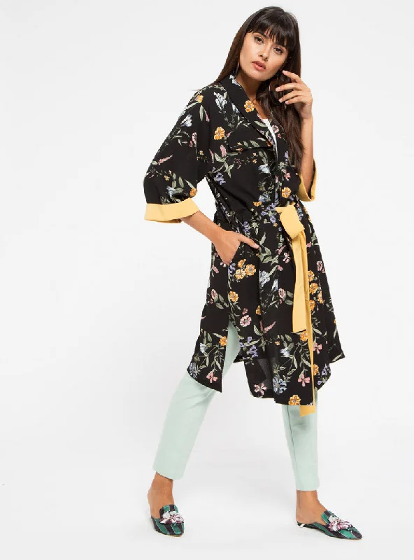Extra Savings Yellow Contrast Tie Front Kimono