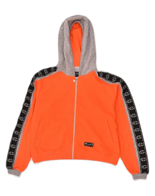Crazy Savings CHAMPION Womens Zip Hoodie Sweater UK 14 Medium Orange Colourblock Cotton