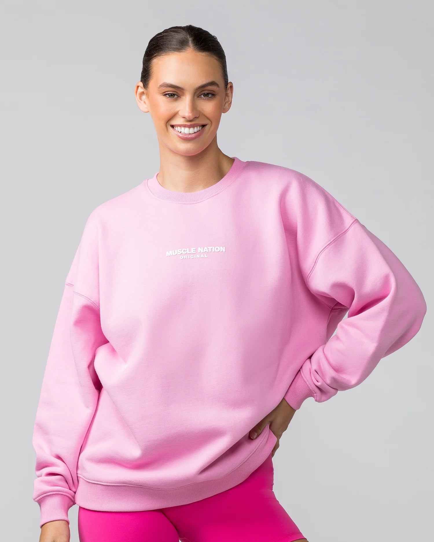 Final Clearance Muscle Nation | Weekend Oversized Pullover - Pink Frosting