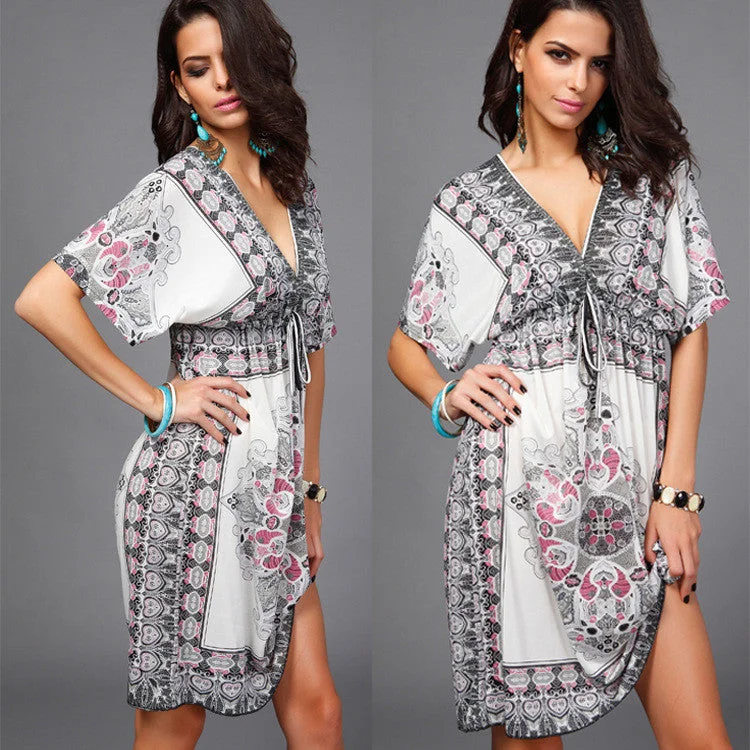 Price Drop Alert Plus Size Print V Neck Drawstring Loose Short Beach Dress