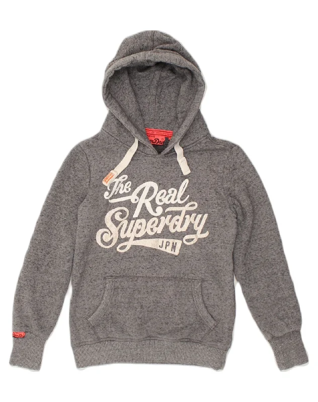 Exclusive Preview SUPERDRY Womens Graphic Hoodie Jumper UK 6 XS Grey Flecked Cotton